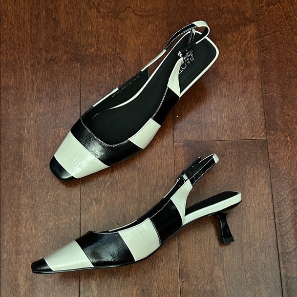 Fabulous Black and Ivory Leather Slingback Heels with Square Toes, Size 6.5 - Picture 2 of 16